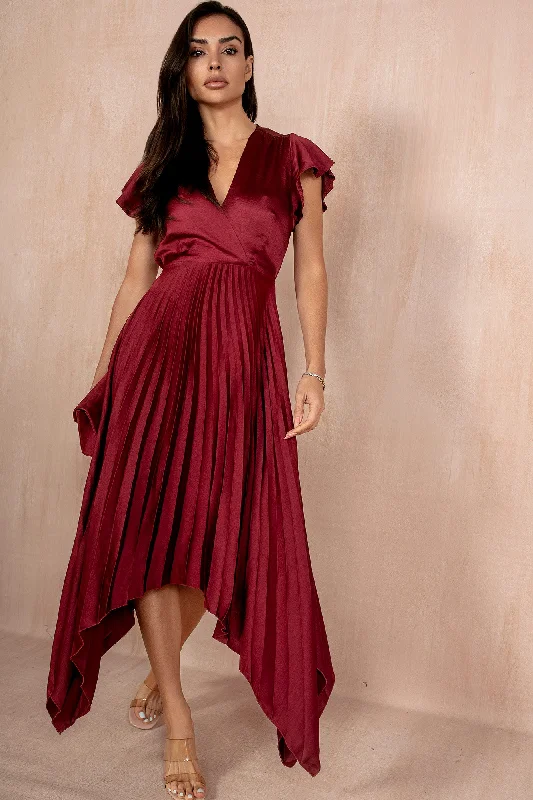 Betha Burgundy Satin Pleated Dress