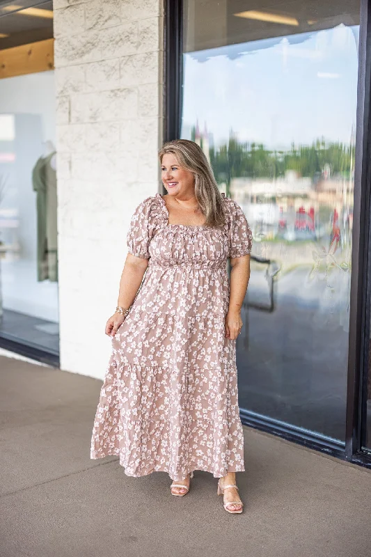 Puffy Florals Taupe Maxi Dress