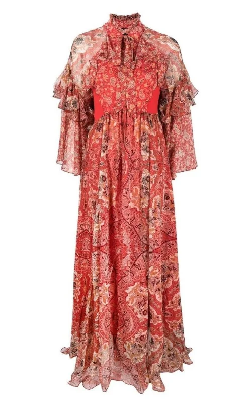 Paisley-print Ruffle Silk Gown