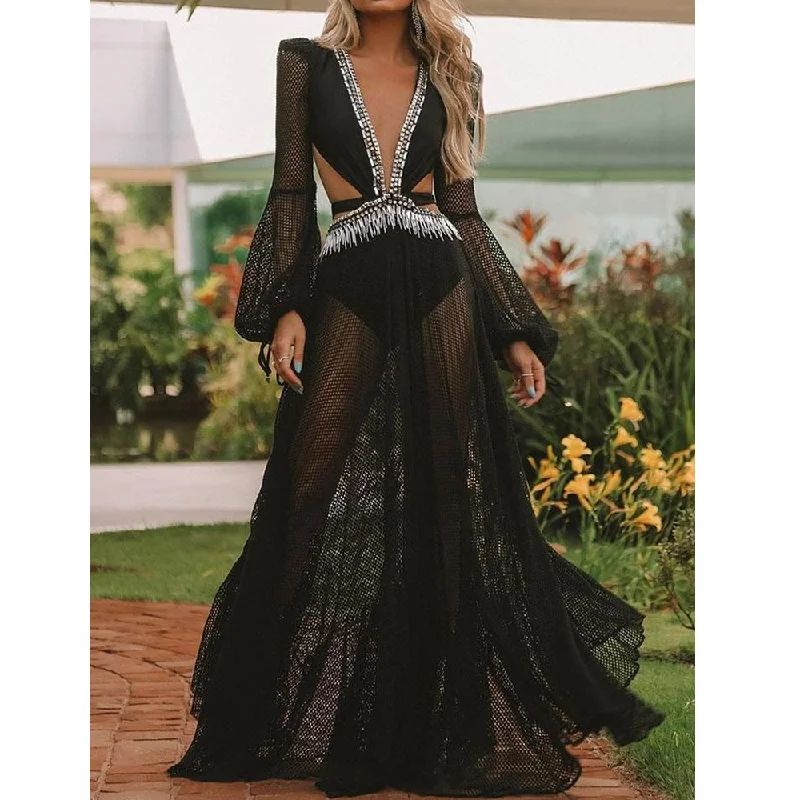 Black Gauze See-Through Maxi Dresses