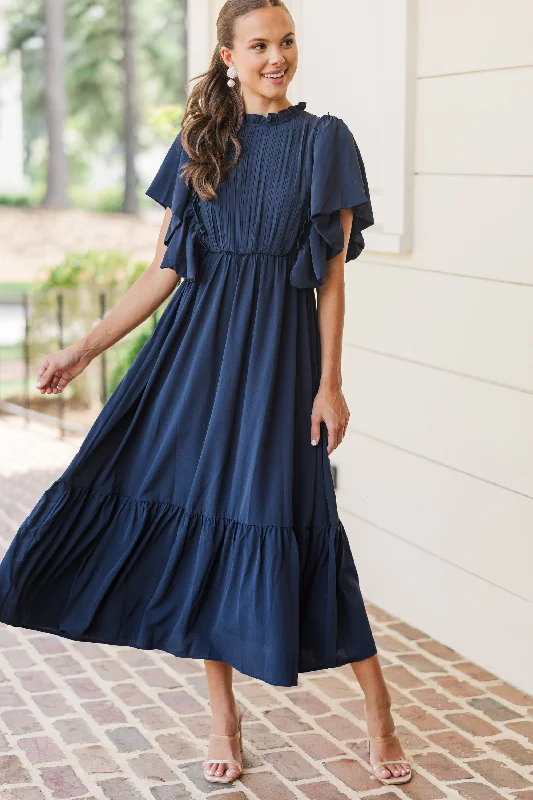 All The Good Navy Blue Ruffled Midi Dress