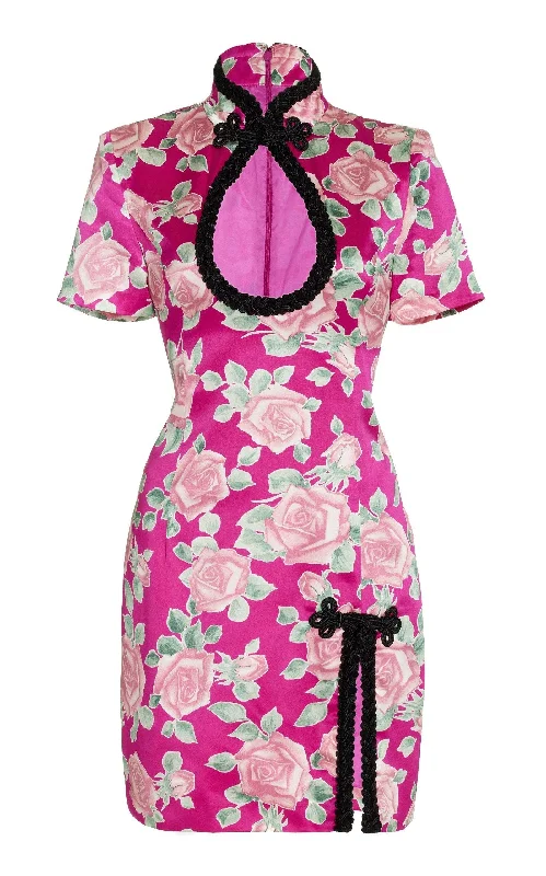 Rose-Print Silk Satin Mini Dress