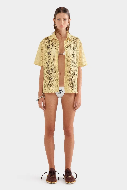 Embroidered Mesh Relaxed Short Sleeve Shirt - Raffia/Brown