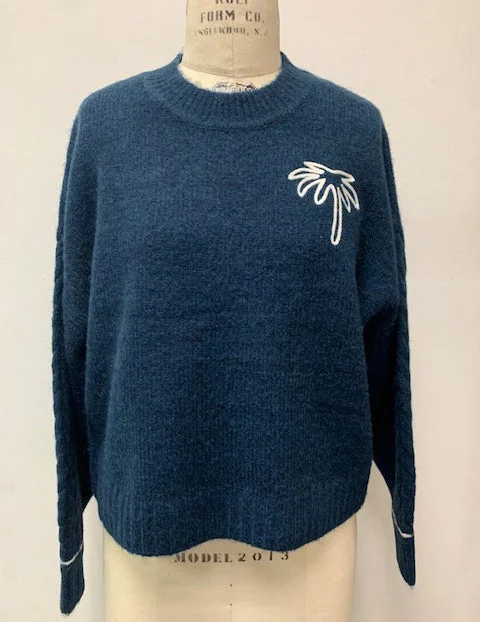 Sundry Cable Sleeve Sweater with Embroidery in Deep Navy