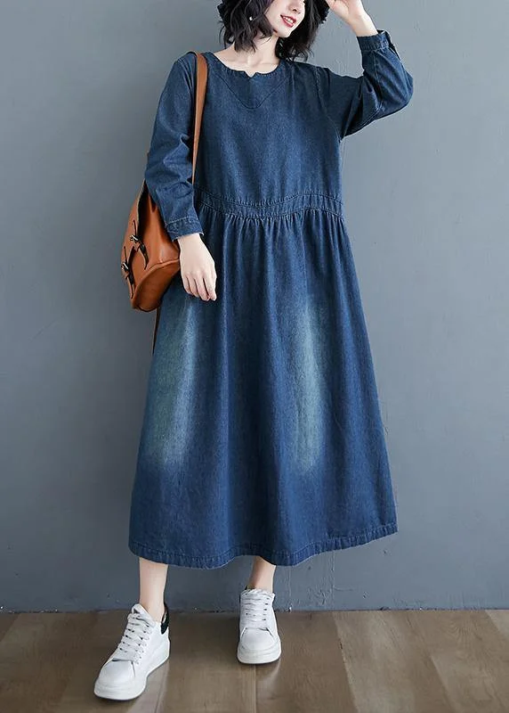 Chic O Neck Cinched Spring Tunic Wardrobes Denim Blue Art Dresses