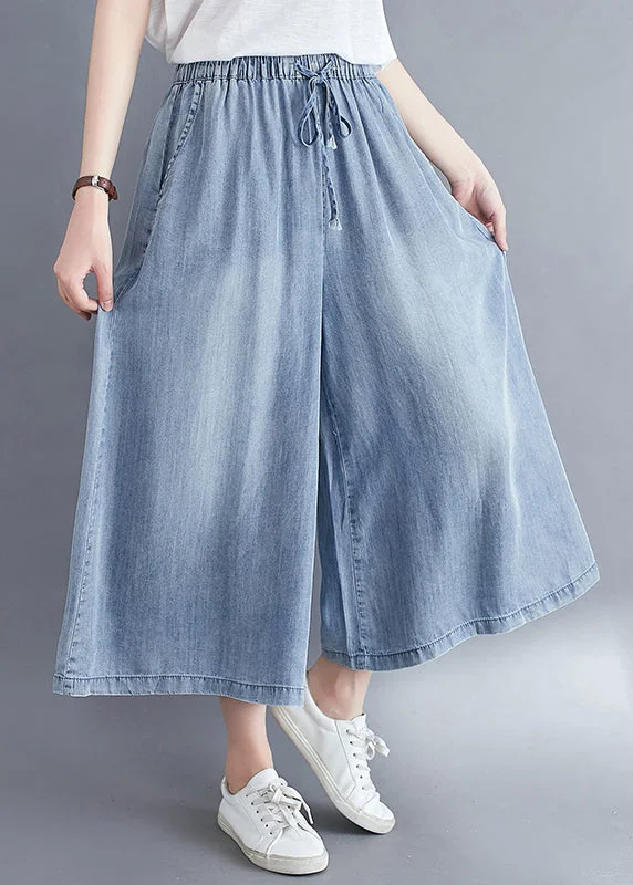 Women Light Blue Elastic Waist Draping Denim Wide Leg Pants Summer