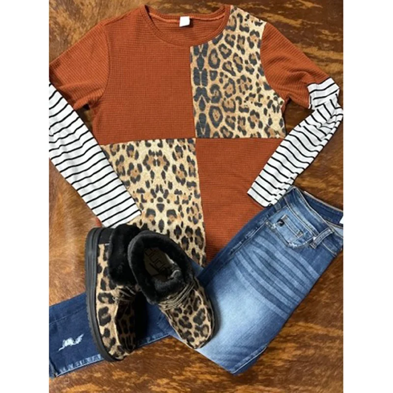 Your Fashion Women's Rust & Leopard Block Long Sleeve Top