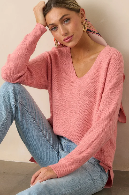 Cozy Afternoon Rose Pink V-Neck Sweater