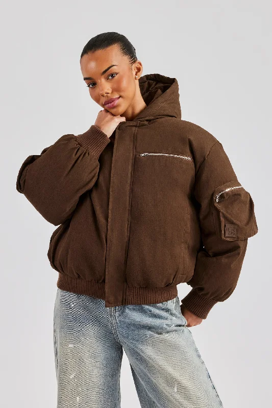 Womens Twill Utility Cargo Bomber Jacket - Chocolate