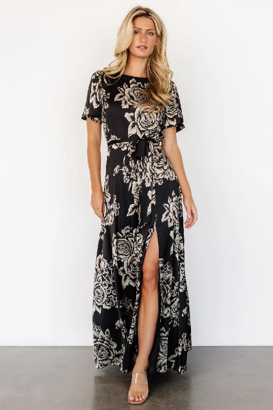 Agnes Satin Maxi Dress | Black + Cream Floral