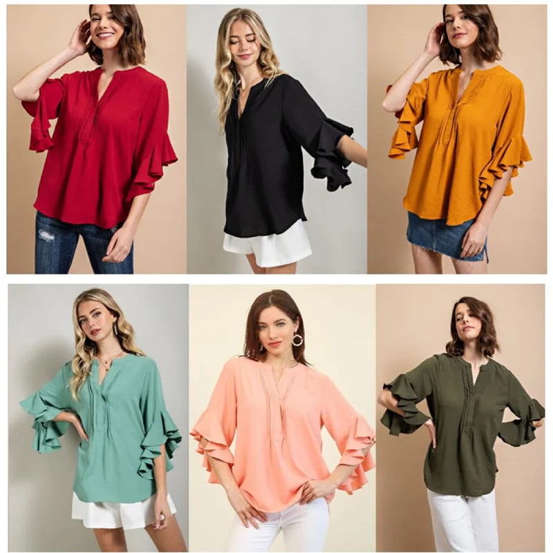 Gigio Usa Women's Solid Ruffle Bell Sleeve Top