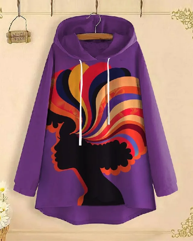 Retro Ethnic Portrait Long-Sleeved with Loose Hem Hoodie