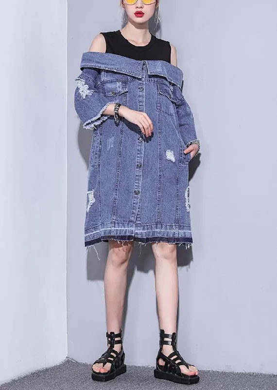 100% denim blue Cotton Long Shirts Slash neck oversized summer Dresses