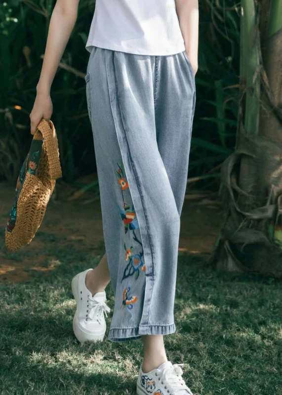 Art Blue Embroideried Pockets Patchwork Denim Wide Leg Pants Summer