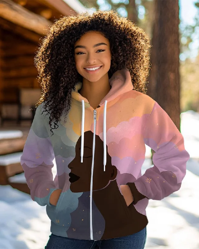 Rainbow Curls Printed Zippered Hooded Long-Sleeved Casual Hoodie