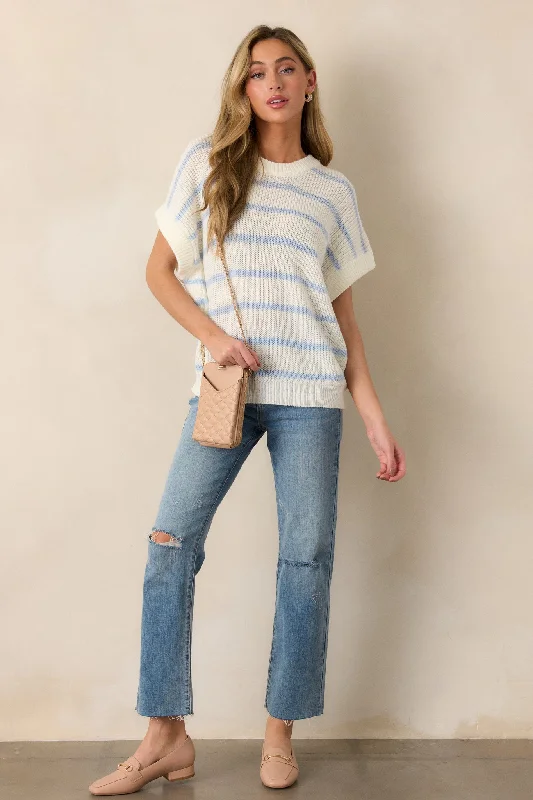 Where You Belong White & Blue Stripe Short Sleeve Sweater Top