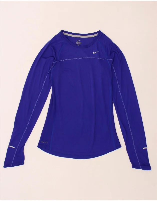 NIKE Womens Dri Fit Top Long Sleeve UK 6 XS Blue Polyester