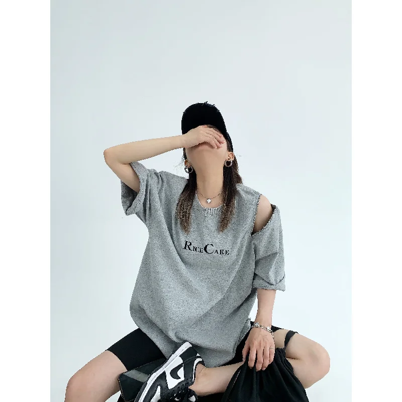 Shoulder Cutouts Oversized Graphic T-Shirt