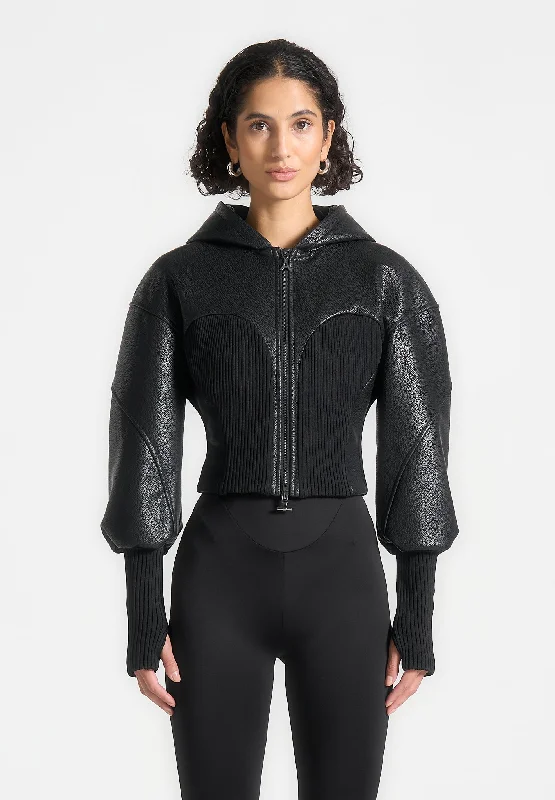 Hooded Pebbled Leather Contour Jacket - Black