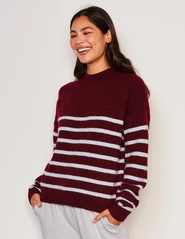 Sundry Stripes Mock Neck Cozy Sweater in Bordeaux