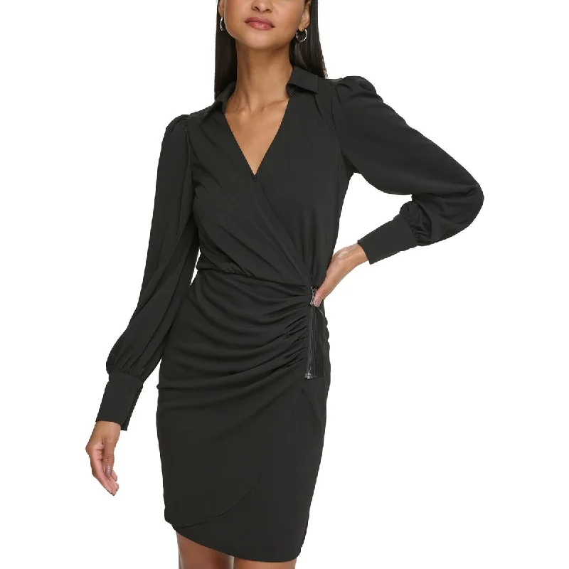 Karl Lagerfeld Paris Womens Ruched Faux Wrap Mini Dress