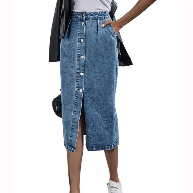 Single Breasted Knee Length Denim Skirt Women Casual High Waist Skirt