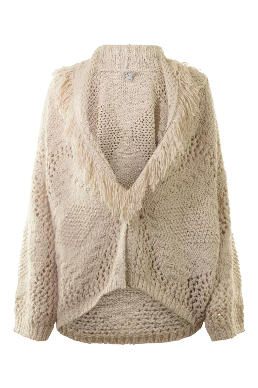 Autumn Cashmere Fringed Shawl Collar Jacket in Sand