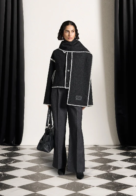 Wool Blanket Stitch Jacket with Scarf - Black