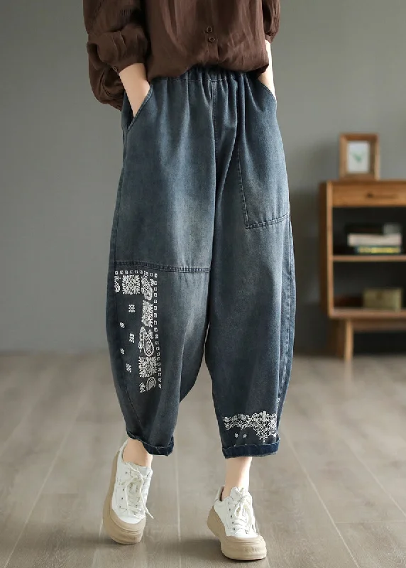 Handmade Blue Embroideried Patchwork Pockets Denim Harem Pants Summer