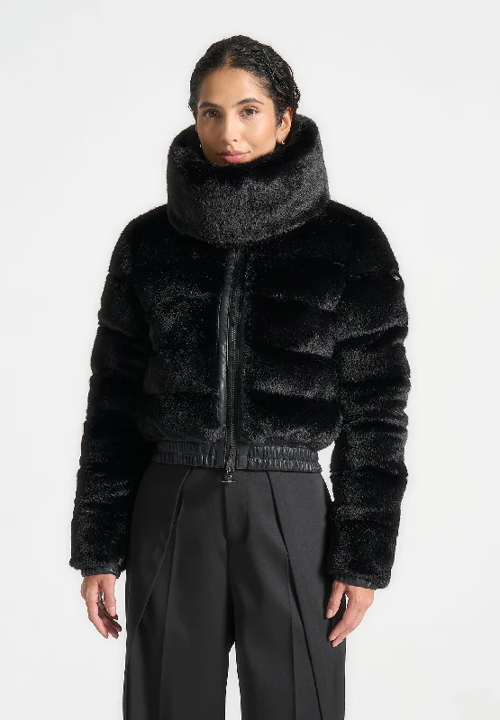 Plush Ribbed Jacket with Neck Scarf - Black