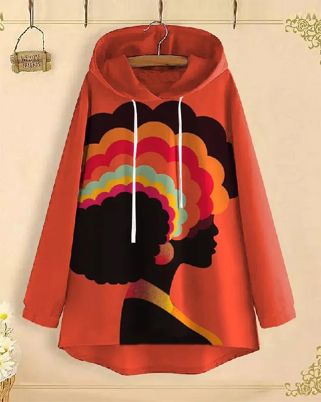 Retro Ethnic Portrait Long-Sleeved with Loose Hem Hoodie