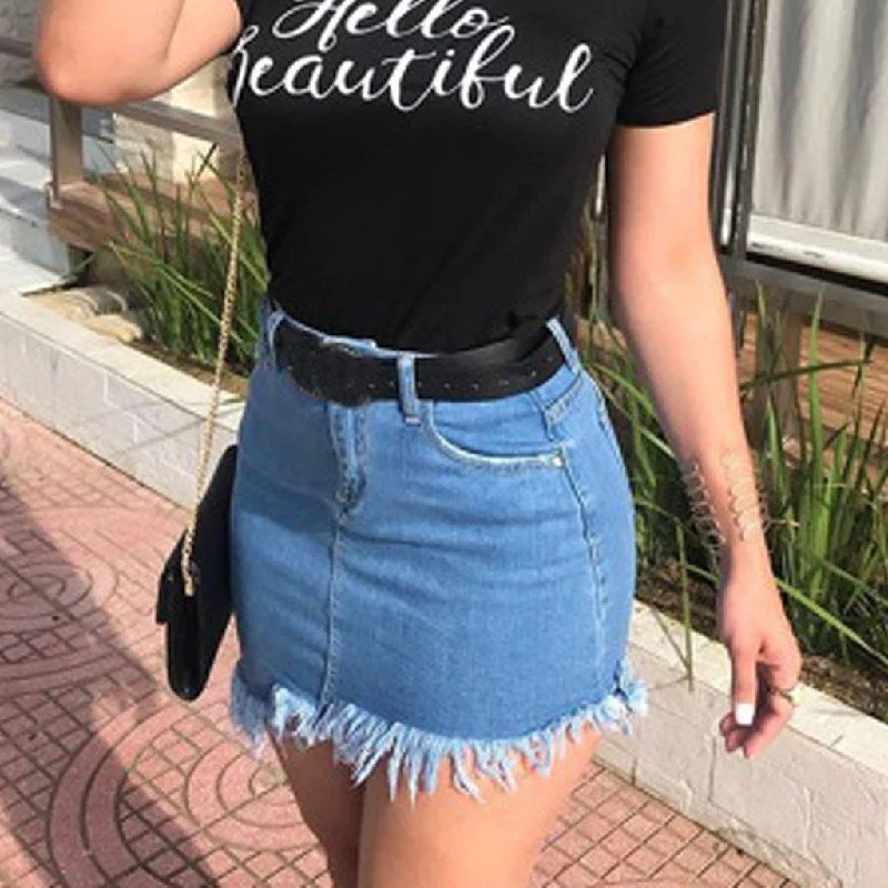 Blue Tassels Zipper High Waist Mini Denim Skirts