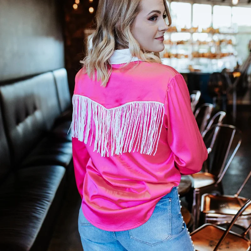 Women's Hot Pink Satin & Fringe Long Sleeve Shirt