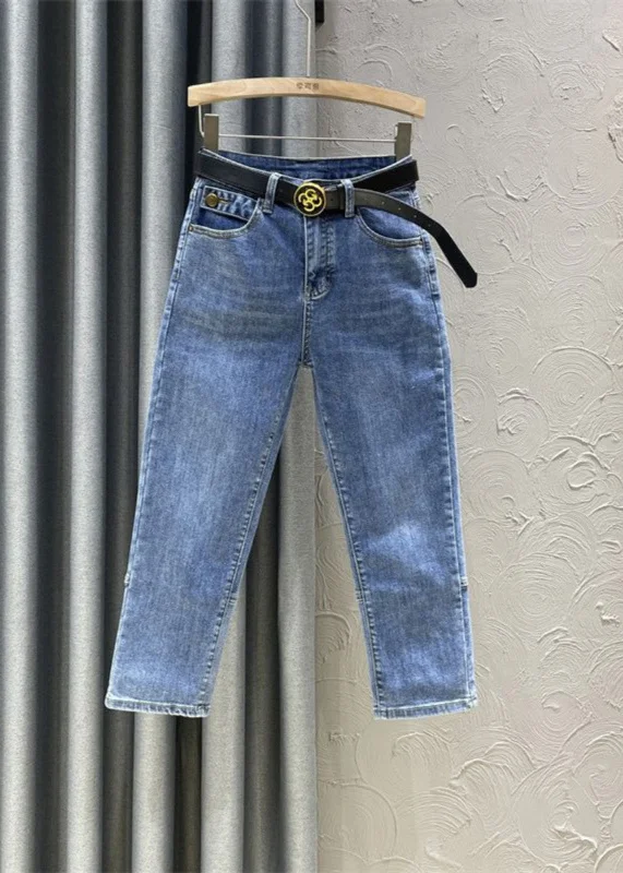 DIY Denim Blue High Waist Sashes Crop Pants Summer