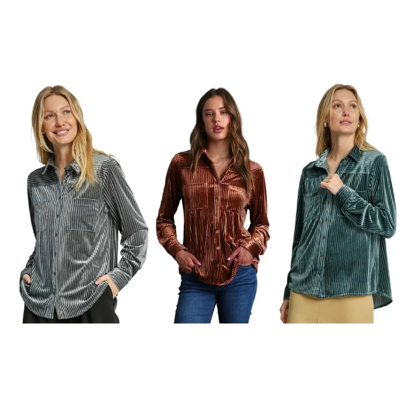 Women's Velvet Textured Button-Down Long Sleeve Shirt