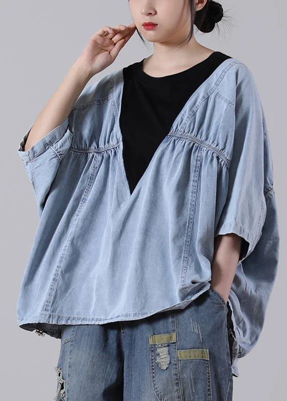 Fine Denim blue Patchwork Black Cotton Loose Shirts Summer