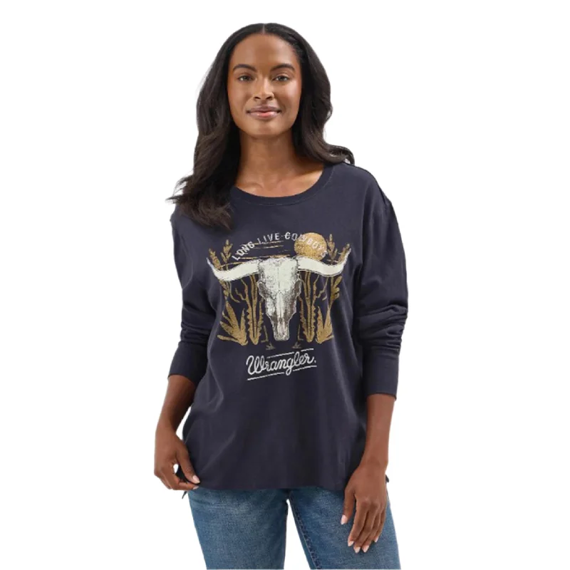 Wrangler Women's Navy Long Sleeve Steer Skull