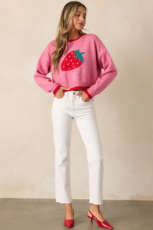 Strawberry Picking Pink Cropped Long Sleeve Sweater