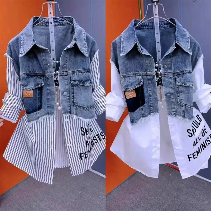 Women Denim Jacket Fake Two Denim Shirts 2024 New Spring Summer Autumn Casual Fashion Joker Stitching Striped Tops Coat Female