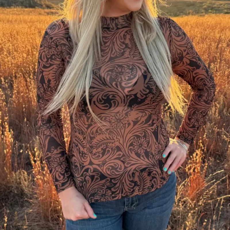 County Road Leather Print Sheer Long Sleeve Top