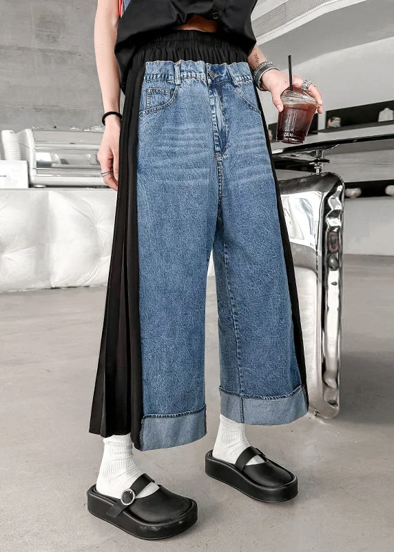 Modern Blue Wrinkled Elastic Waist Patchwork Denim Crop Pants Fall