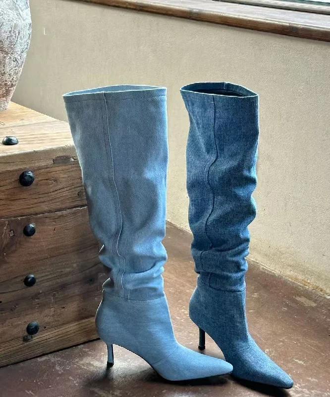 Stylish Light Blue Denim Boots Splicing Stiletto Heels Pointed Toe