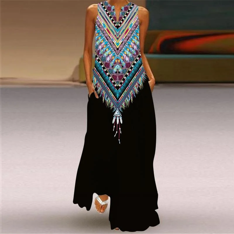 Plus Sizes Print Sleeveless Long Dresses