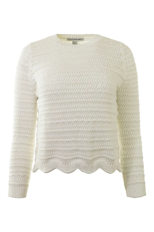 Autumn Cashmere Mesh Crew Sweater w/ Scalloped Edge in Bleach White