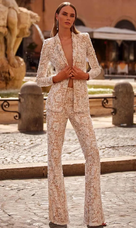 Sherri Hill 55907 - Plunging V-Neck Beaded Lace Pantsuit