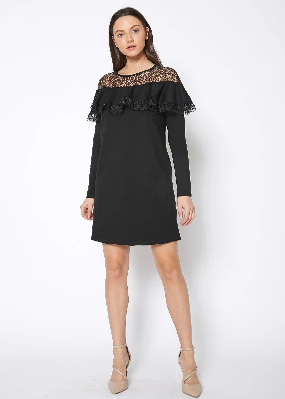 Lace Trim Sweatshirt Dress In Black