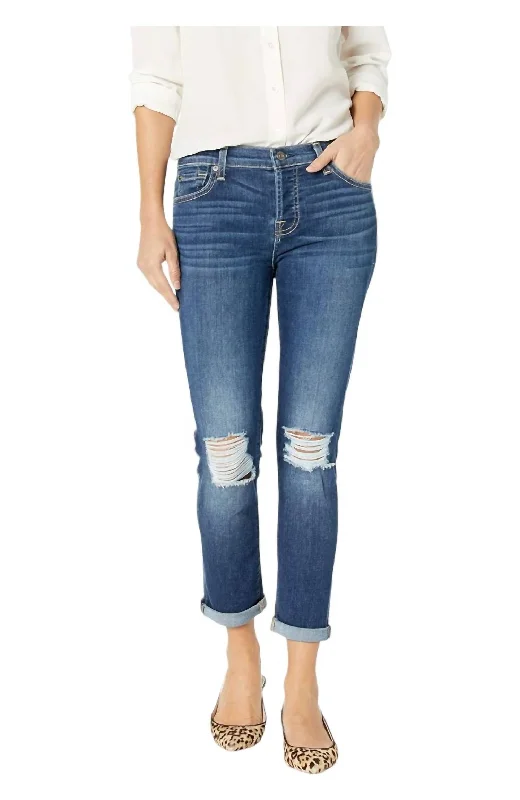 Mid Rise Destroyed Denim Jeans In Navy