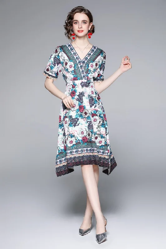 Multicolor Day A-line V-neck Short Sleeve Knee Printed Dress