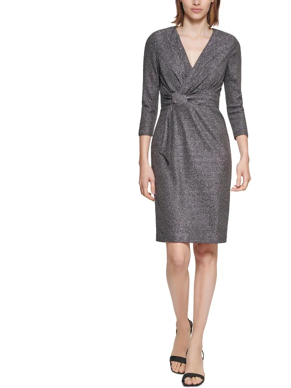 Petites Womens Knit Metallic Cocktail and Party Dress