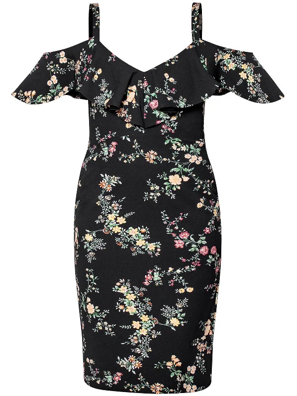 Plus Marcella Womens Cold Shoulder Floral Midi Dress